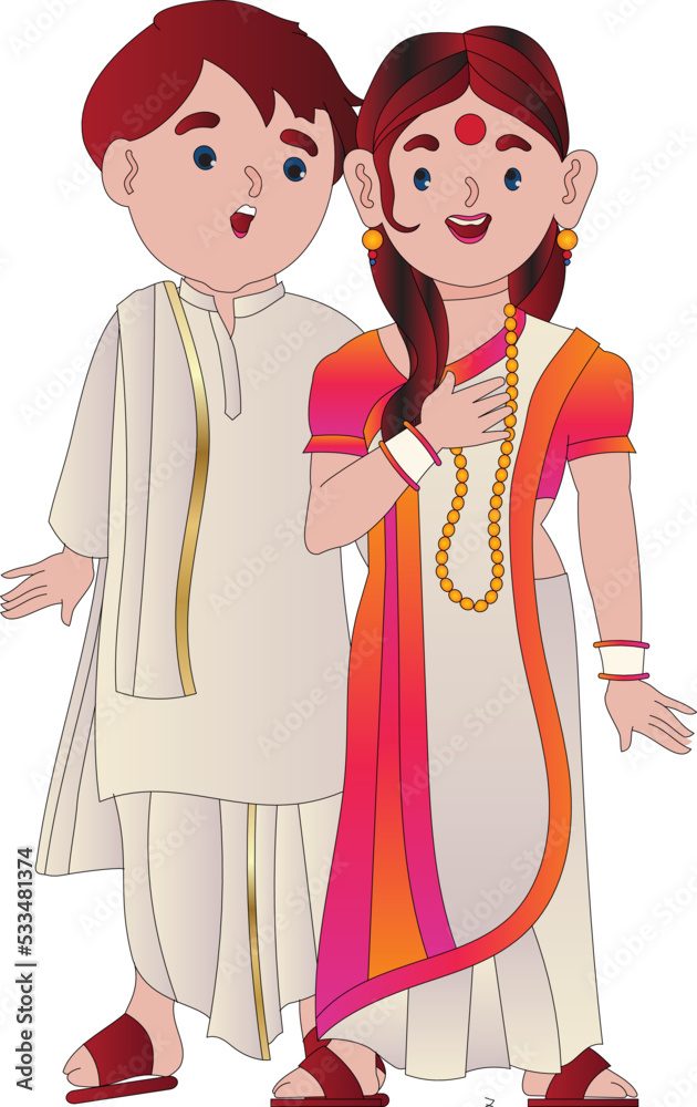A young Indian Bengali Assamese married couple dressed in red and white ethnic Indian dress and smiling