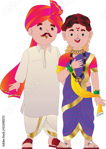 a young Indian Maharashtrian married couple dressed in ethnic Indian dress and smiling