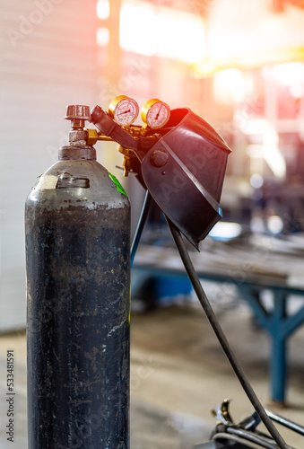 Gas factory cylinder. Factory compressed gas container.