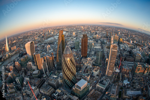 Aerial view of the City of London at sunrise