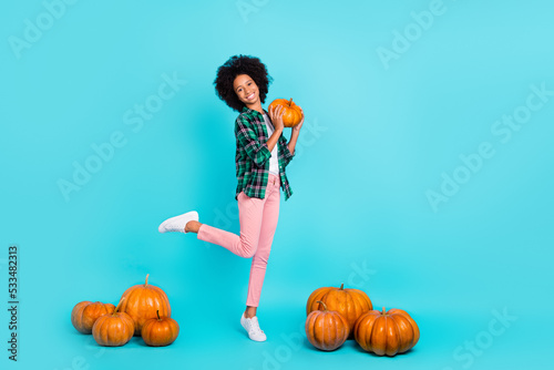 Fotografiet Photo of cheerful charming lady stand one leg hold orange pumpkin have fun wear