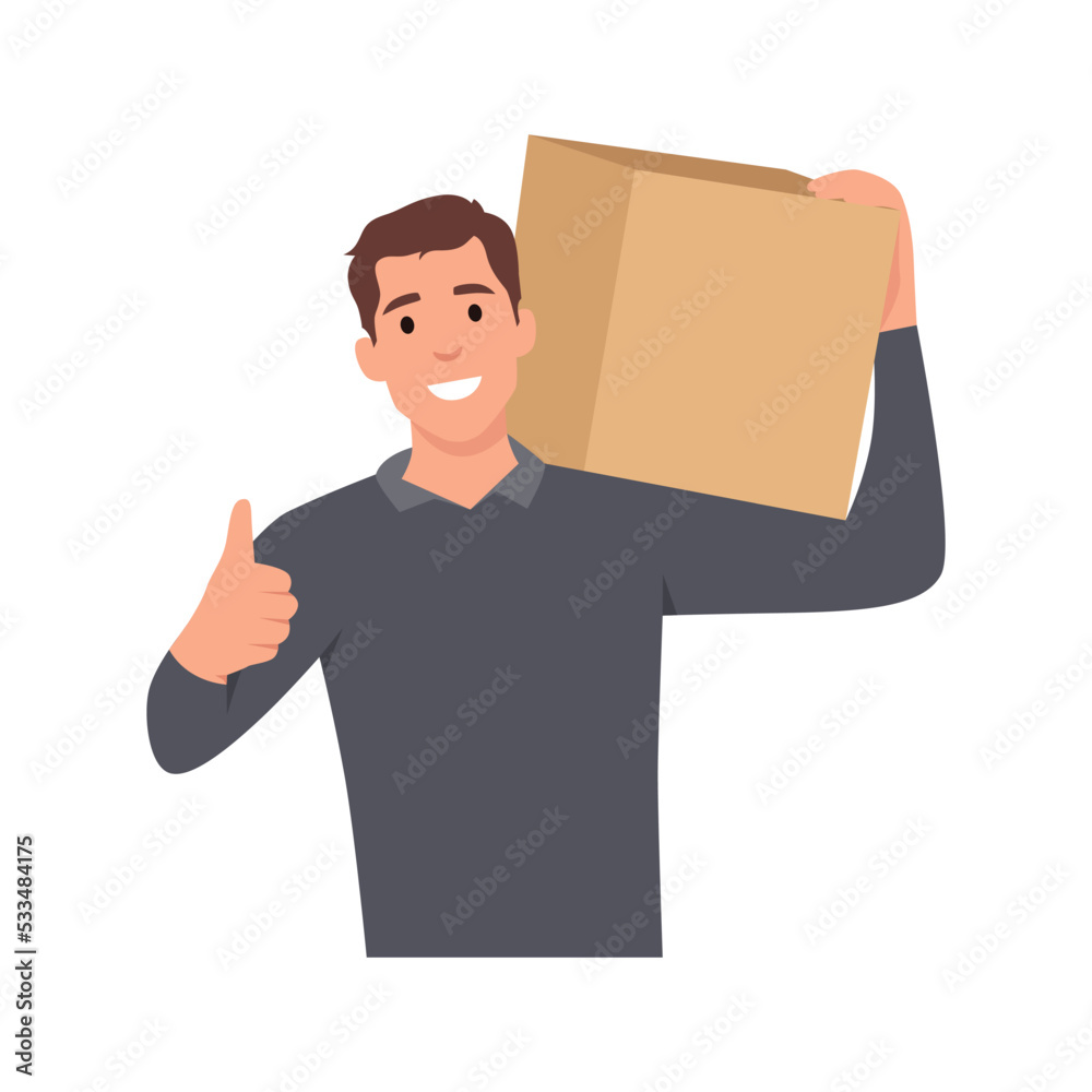 Young man smiling delivery man in uniform holding a package box. Flat vector illustration isolated on white background Young man smiling delivery man in uniform holding a package box. Flat vector illustration isolated on white background