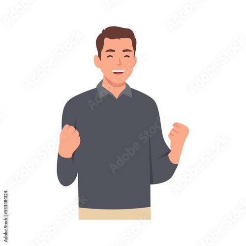 Young man successful with clenched fists rejoices at success. Flat vector illustration isolated on white background