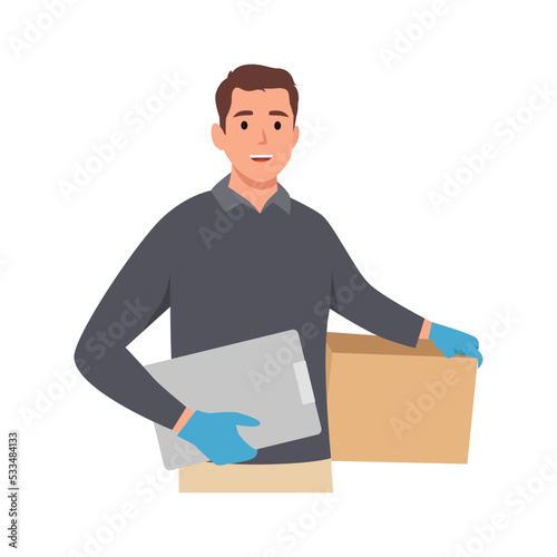 Young delivery man or courier service with red cap uniform holding box package and showing clipboard document . Flat vector illustration isolated on white background