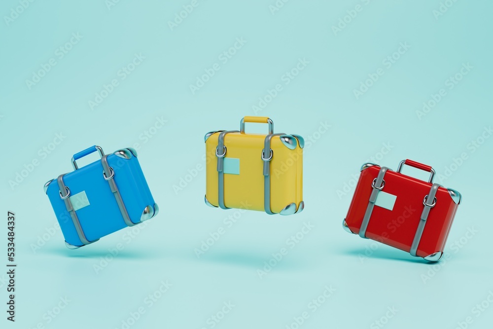 Obraz premium colorful old travel suitcases on a blue background. 3D render