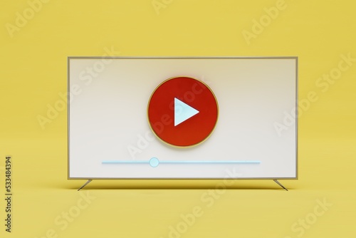 Free Download Watch videos on your TV. Smart TV on a yellow background on the display which play button. 3D render - GFXLoad