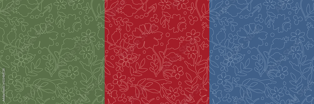 Set of seamless patterns with stylized ukrainian folk floral elements on colored background. Outline ornament based on embroidery tradition. Can be used for decoration, surface design and wrapping