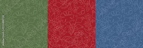 Set of seamless patterns with stylized ukrainian folk floral elements on colored background. Outline ornament based on embroidery tradition. Can be used for decoration, surface design and wrapping