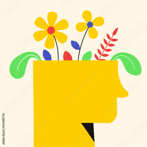 Human hand silhouette with stick out flower bouquet. Mental health concept illustration trendy color style for psyhology book, medical metaphor, poster, flyer, booklet, social media, advertising