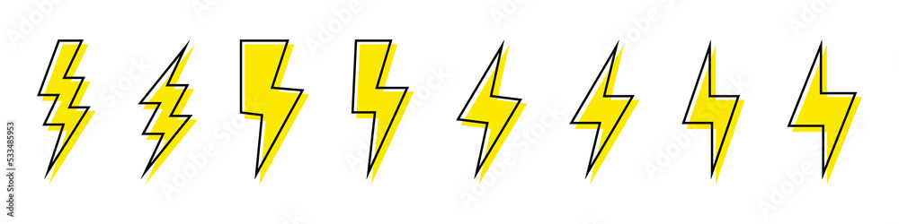 Thunder bolt vector icon. Lightning icons. Electrical sign. Thunderbolt symbol on white background. Electric concept stock vector illustration. Flash logo set. Thunder bolt vector icon. Lightning icons. Electrical sign. Thunderbolt symbol on white background. Electric concept stock vector illustration. Flash logo set.
