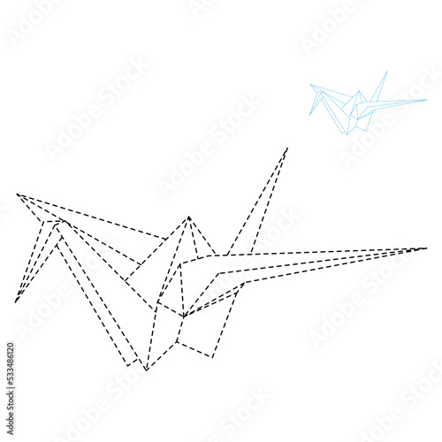 Set of origami crane vector outline dashed illustration isolated on white background. Japanese traditional origami crane for infographic, website or app. Geometric line shape for art of folded paper.