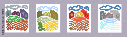 Set of posters for winter, spring, summer and autumn. Cute vector illustration of four seasons.