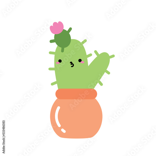 A cute cactus with a funny face. Cactus with a pink flower in a round pot. Children s drawing of a cactus. Cute print  design element for postcard  stickers  stickers  tattoos  book illustrations