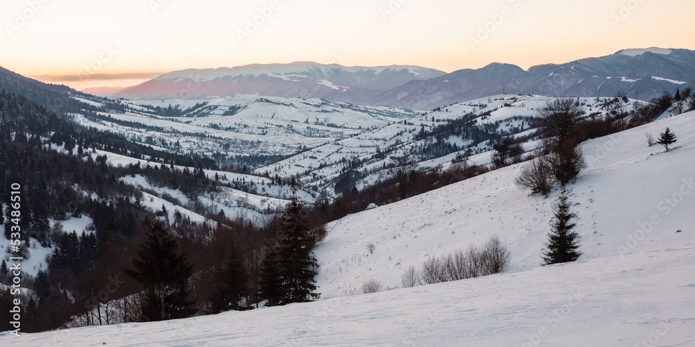 carpathian rural landscape in winter. beautiful sunrise in mountains. snow covered hills. scenery with krasna ridge in the distance. synevir village in the valley