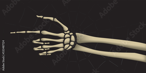 Dead Man Skeleton Realistic Hand Pointer Showing Direction Halloween Holidays Decoration Comic 3D Style Template - Bones on Black Spider Web Background - Mixed Graphic Design
