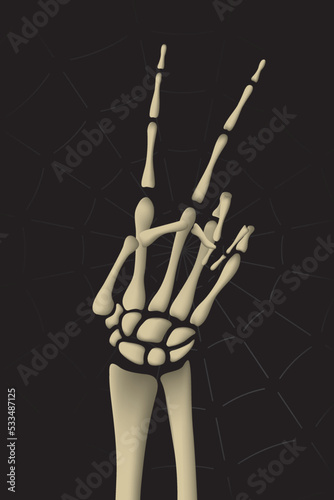 Dead Man Realistic Skeleton Hand Showing Peace or Victory Fingers Sign 3D Style Halloween Comic Creative Template - Bones on Black Web Background - Mixed Graphic Design