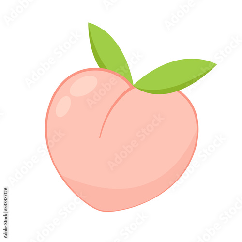 Peach cartoon vector. Doodle peach with leaves icon. Peach fruit in shape of heart isolated on white background. Farm, natural food, fresh fruits.