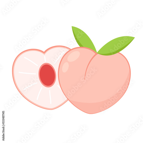 Peach cartoon vector. Doodle peach with leaves icon. Peach fruit in shape of heart isolated on white background. Farm, natural food, fresh fruits.