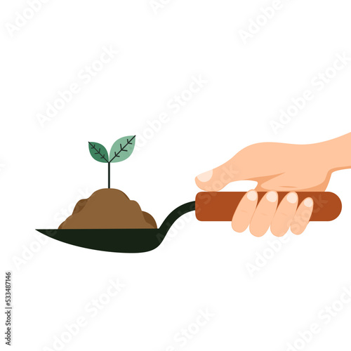 Plant seedlings. Garden shovel with soil hold in hand of gardener. Gardening, griculture, planting concept. Isolated on white background. Dig ground.