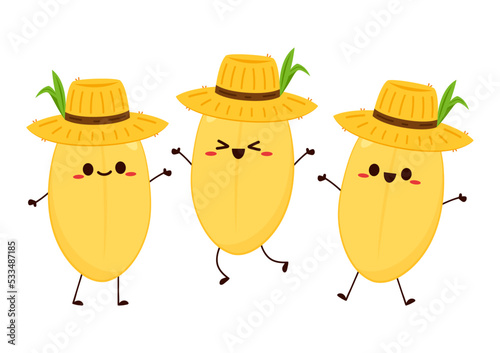Rice character design. rice vector on white background. rice seed. Peasant hat vector.