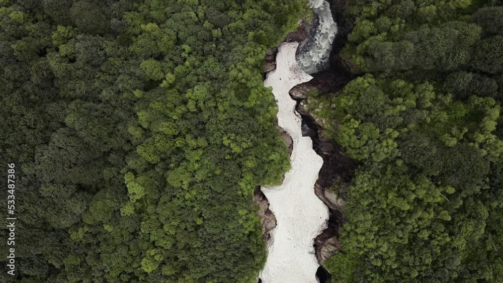 stormy mountain river with snow high in the dombaya mountains flows down in summer. drone point of view
