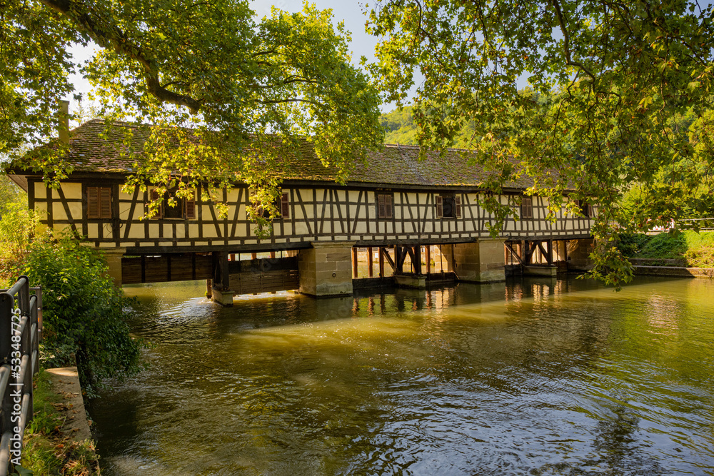Historic Truss Bridge (Water house) on the Neckar river, Esslingen, Baden-Württemberg, Germany.