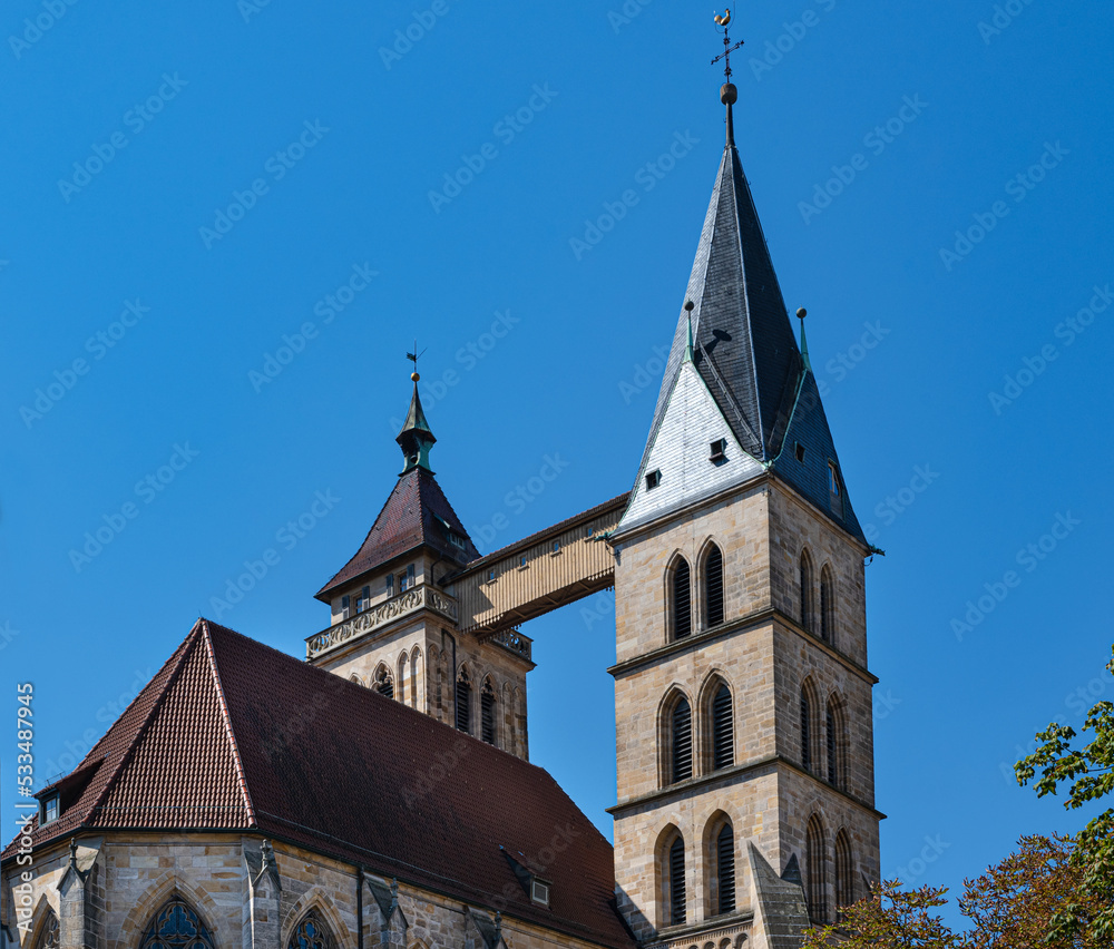 The steeples of the St. Dionysius church (Stadtkirche St. Dionys), Esslingen (Esslingen-am-Neckar), Baden-Wurttemberg, Germany, Europe