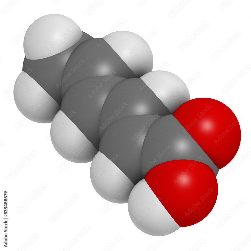 Sorbic acid food preservative molecule. Sorbate (sodium, potassium, calcium) also used for same purpose. Sorbic acid food preservative molecule. Sorbate (sodium, potassium, calcium) also used for same purpose.