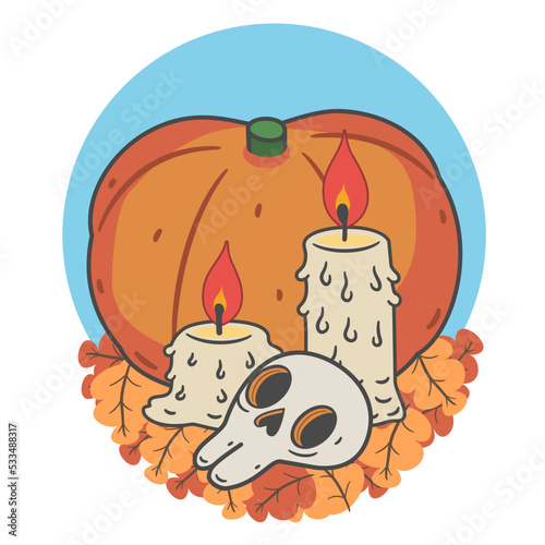 Image of red pumpkin candles and skull