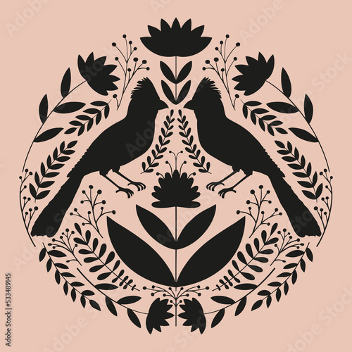 Symmetrical ornament with birds, flowers and leaves with different folk compositions. Motif in scandinavian style. Ethnic flat illustration with paper texture in white.