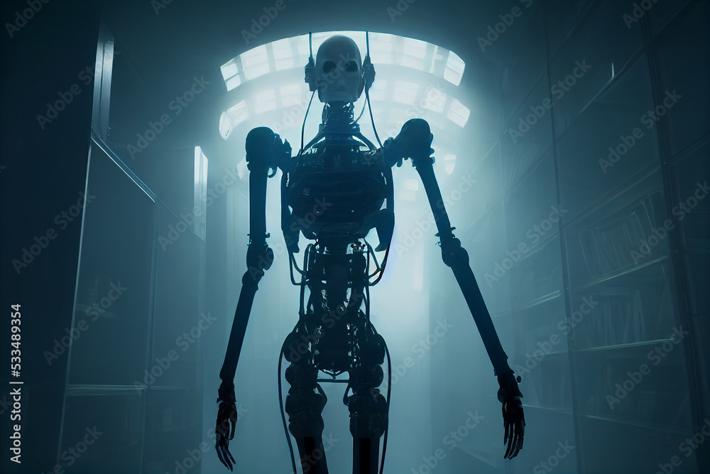 Terrible Death Machine Skeletal Robot Sci-Fi Horror Movie Scene 3D Art  Conceptual Illustration. Frightening Creepy Anthropomorphic Cyborg  Mechanism Science Fictional Character Illustration Stock | Adobe Stock
