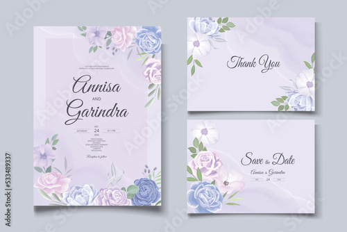 Wedding invitation card template set with beautiful  floral leaves Premium Vector