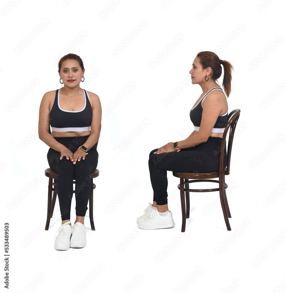 front and side view of same woman sitting on chair on white background front and side view of same woman sitting on chair on white background