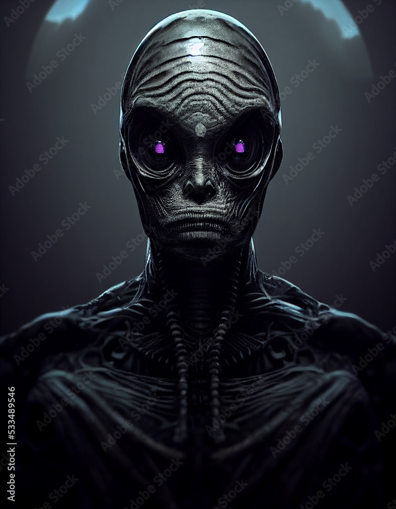 Spooky Ancient Grey Alien with Big Almond Shaped Eyes 3D Conceptual Art Illustration. Stunning Vertical Portrait of Extraterrestrial Life Creature. Macabre Sci-Fi Horror Movie Creepy Character Artwork Spooky Ancient Grey Alien with Big Almond Shaped Eyes 3D Conceptual Art Illustration. Stunning Vertical Portrait of Extraterrestrial Life Creature. Macabre Sci-Fi Horror Movie Creepy Character Artwork