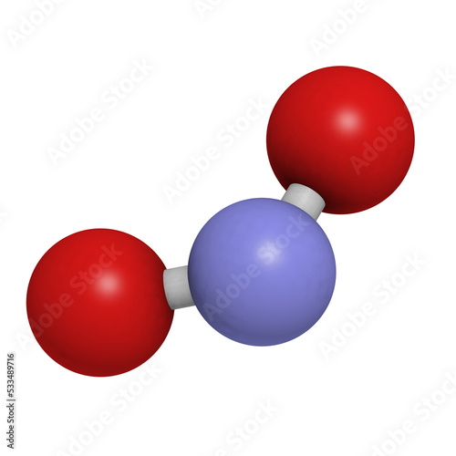 Nitrogen dioxide (NO2, NOx) toxic gas and air pollutant, molecular model.