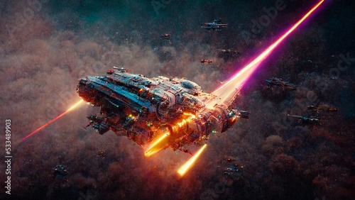 Fototapeta Naklejka Na Ścianę i Meble -  futuristic spaceship laser battle in outer space illustration render