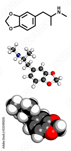 MDMA (XTC, E, ecstasy) party drug molecule. Full chemical name is 3,4-methylenedioxymethamphetamine. photo