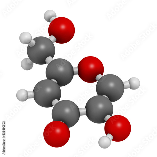 Kojic acid molecule. Used as food additive and for skin depigmentation in cosmetics. 3D rendering. photo