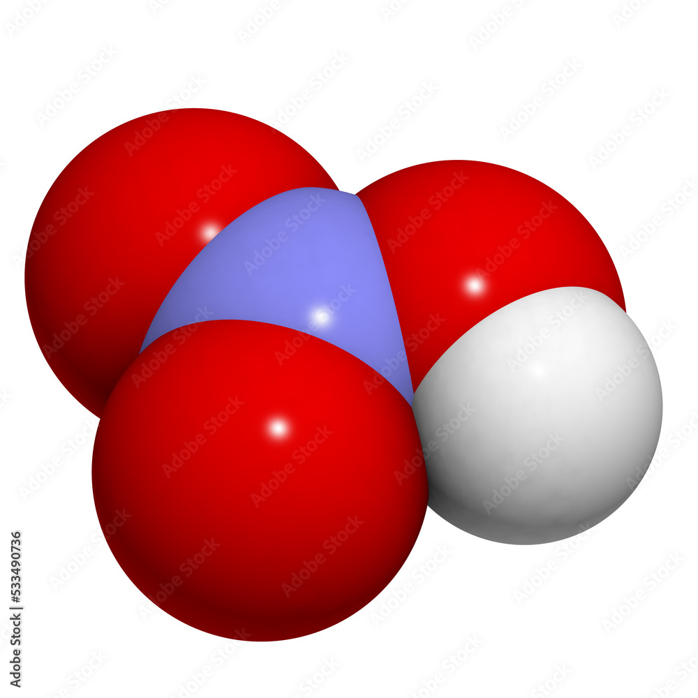 Nitric acid (HNO3) molecule, chemical structure. Strong and corrosive