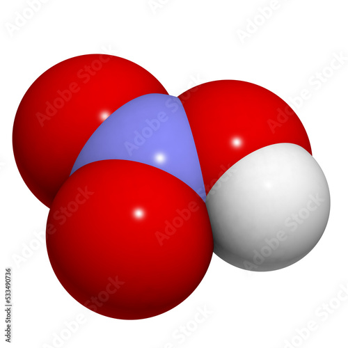 Nitric acid (HNO3) molecule, chemical structure. Strong and corrosive inorganic acid. photo