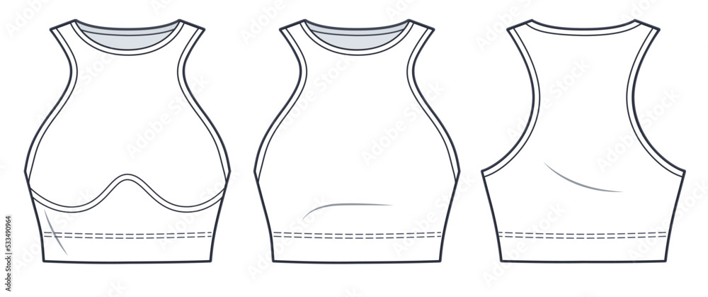 Cropped Tank Top, Sports Bra technical fashion Illustration. Women's ...