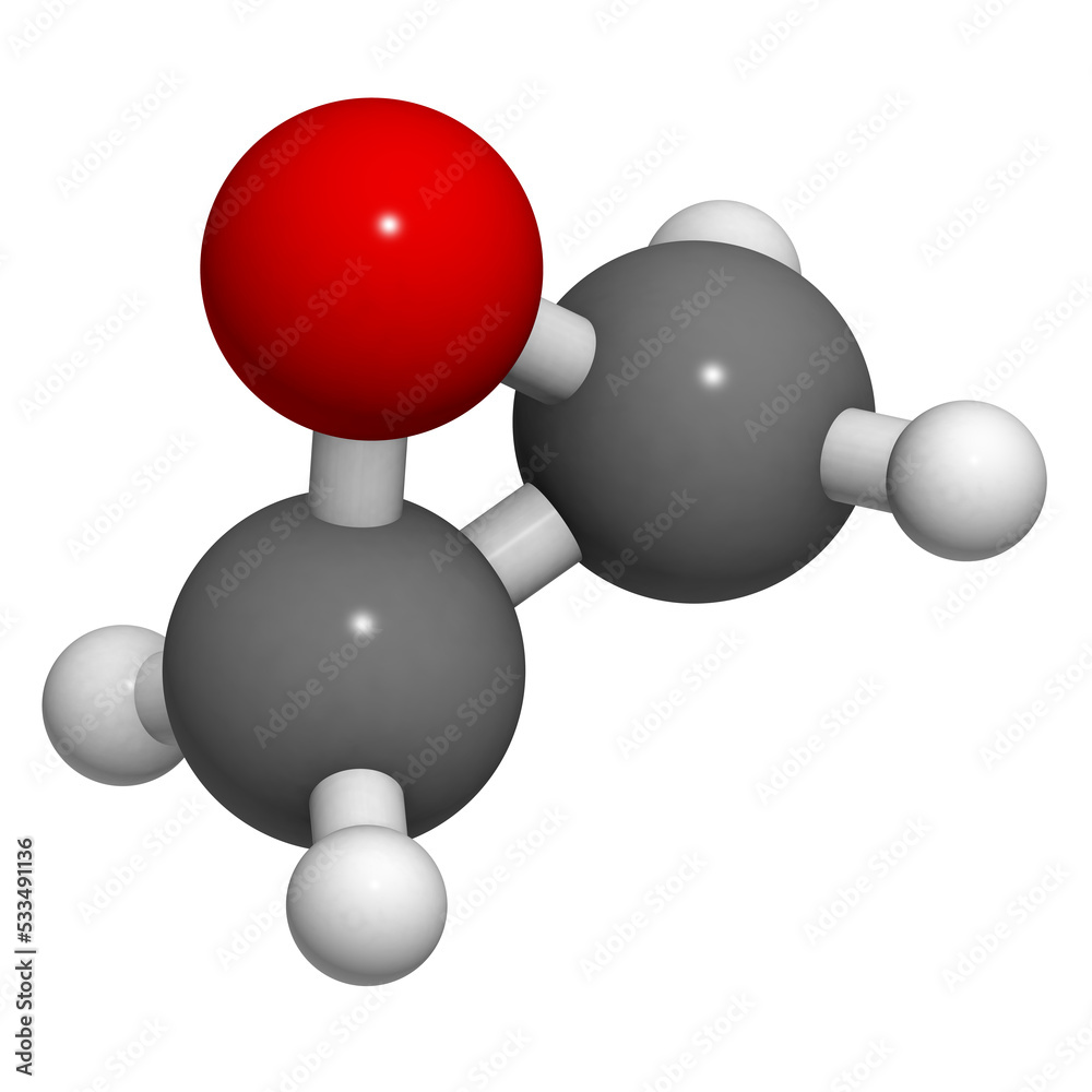 Ethylene oxide (oxirane), molecular model. Ethylene is the simplest epoxide. Ethylene oxide (oxirane), molecular model. Ethylene is the simplest epoxide.