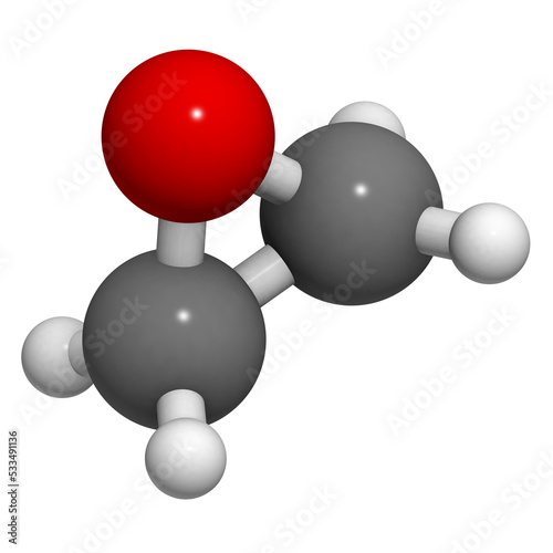 Ethylene oxide (oxirane), molecular model. Ethylene is the simplest epoxide. photo