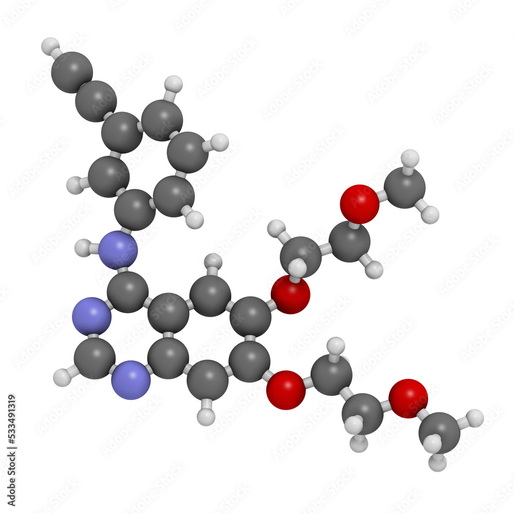 Erlotinib cancer drug, chemical structure. Erlotinib cancer drug, chemical structure.