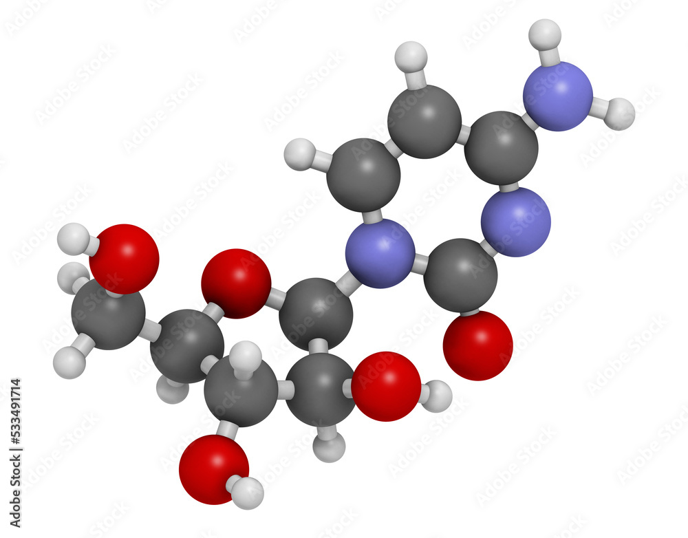 Cytarabine (cytosine arabinoside, Ara-C) chemotherapy drug molecule. Used in treatment of acute myeloid leukemia (AML), acute lymphocytic leukemia (ALL) and lymphoma. Cytarabine (cytosine arabinoside, Ara-C) chemotherapy drug molecule. Used in treatment of acute myeloid leukemia (AML), acute lymphocytic leukemia (ALL) and lymphoma.
