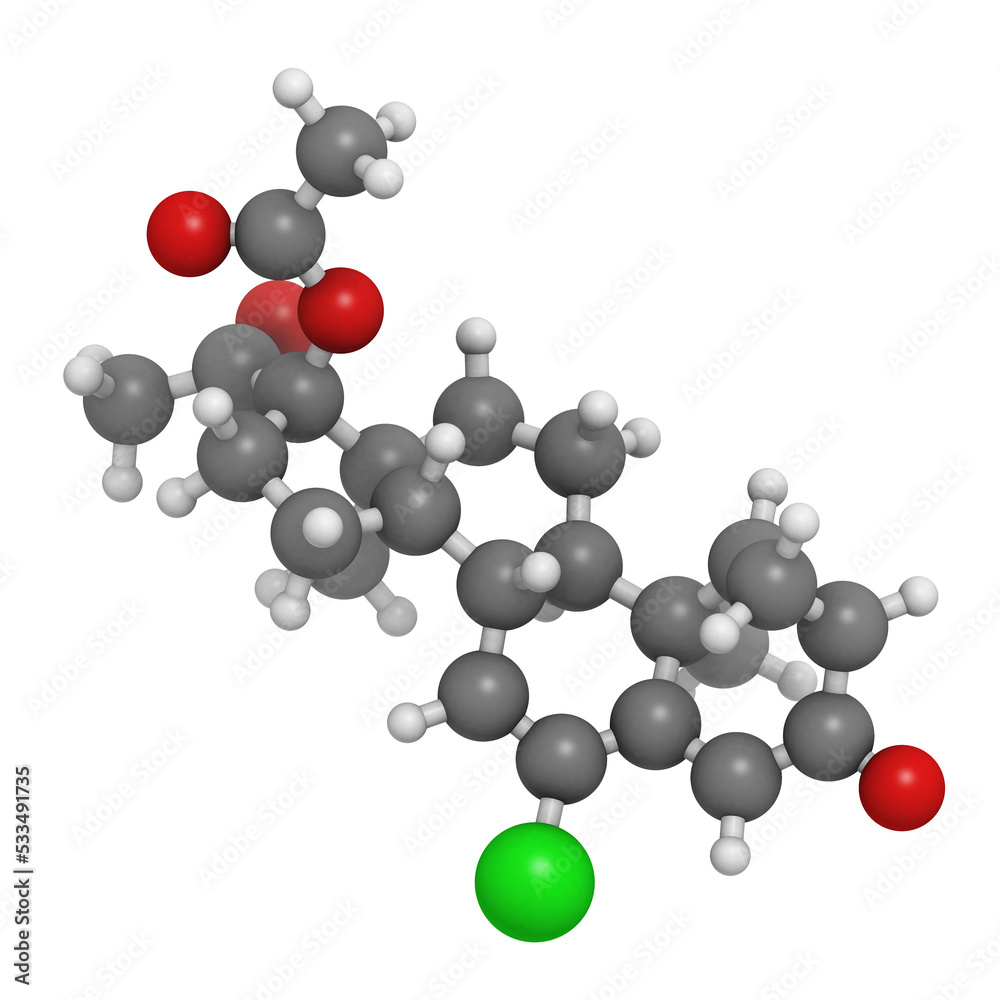 Cyproterone acetate (CPA) oral anticonceptive drug, molecular model.