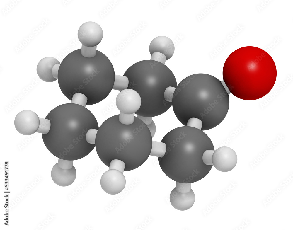 Cyclohexanone organic solvent molecule. Precursor of nylon 3D rendering. Cyclohexanone organic solvent molecule. Precursor of nylon 3D rendering.