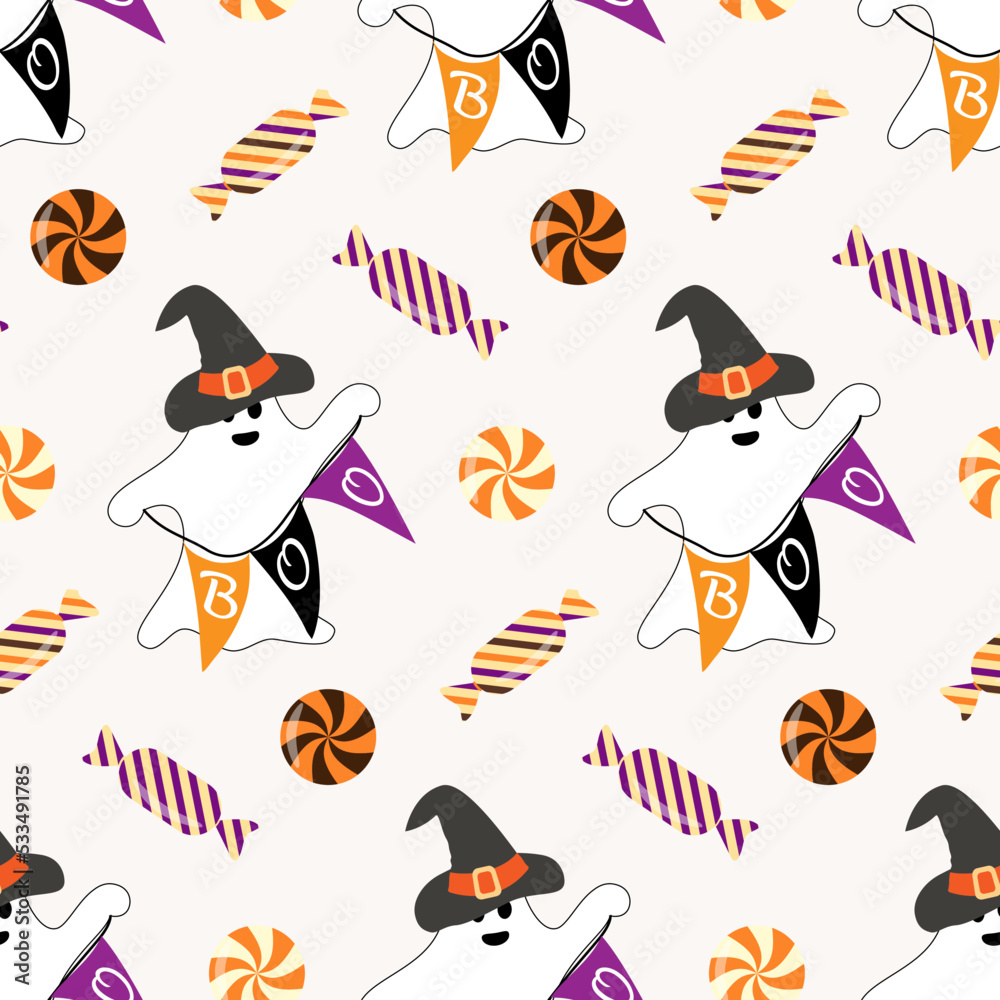 Halloween vector seamless pattern with trick or treat candies. Background in traditional colours and for Halloween celebration, textiles, wallpapers, wrapping paper, scrapbooking. 