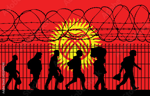 Flag of Kyrgyzstan - Refugees near barbed wire fence. Migrants migrates to other countries.