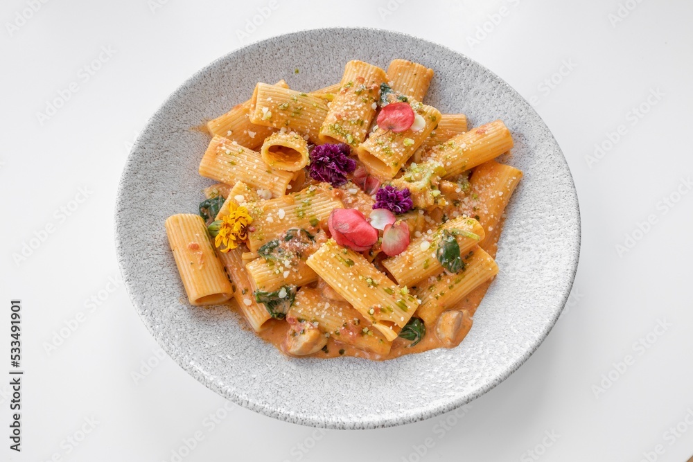 Vegetable Rigatoni served in a dish isolated on grey background side view